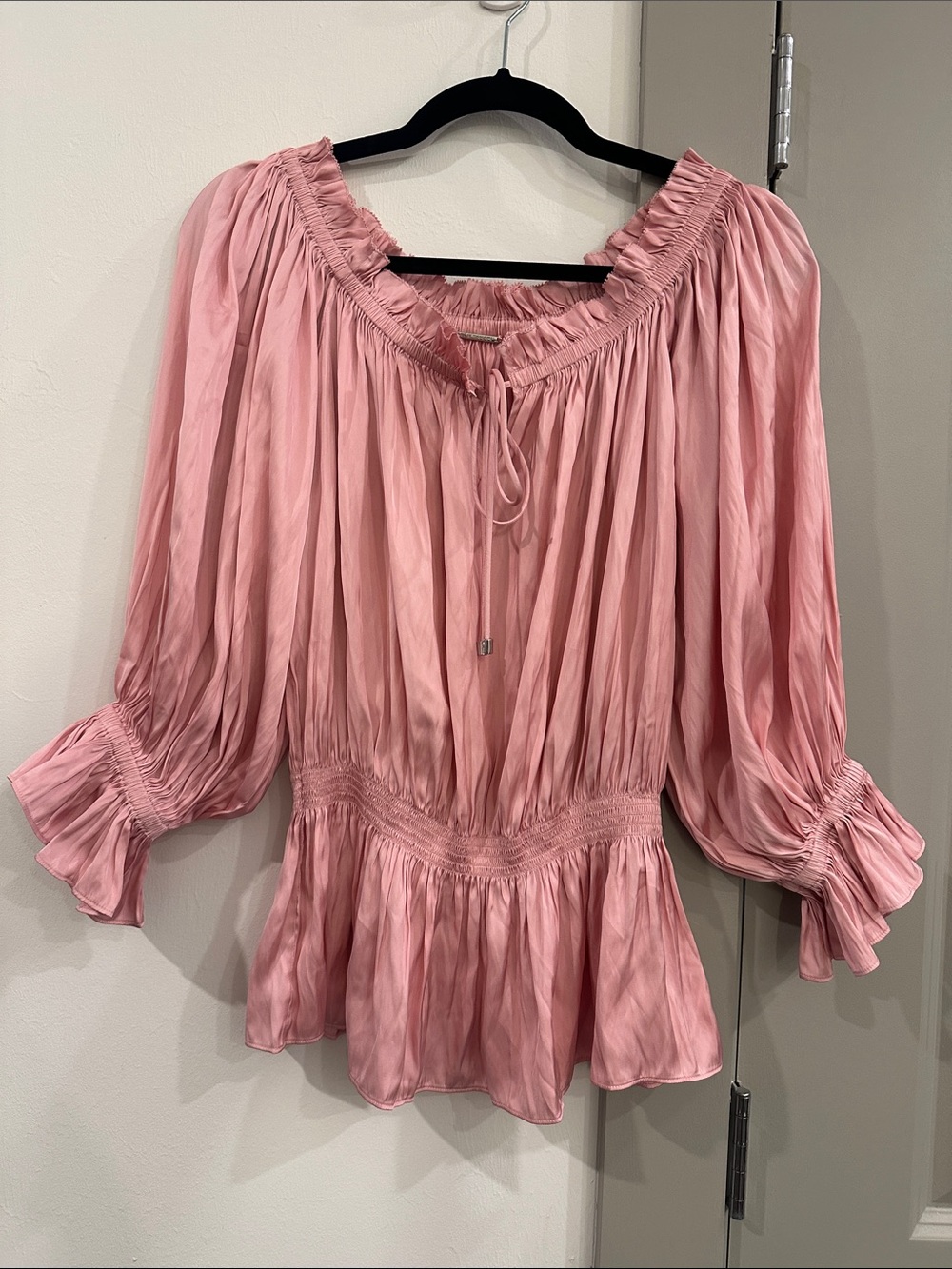 Elie Tahari Dusty Pink Peasant Blouse with Smocked Waist